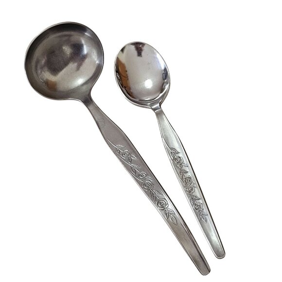 Elden Vintage Flower Ladle & Sugar Spoon SS Rose serving Midcentury Colonial EDL - Picture 1 of 5